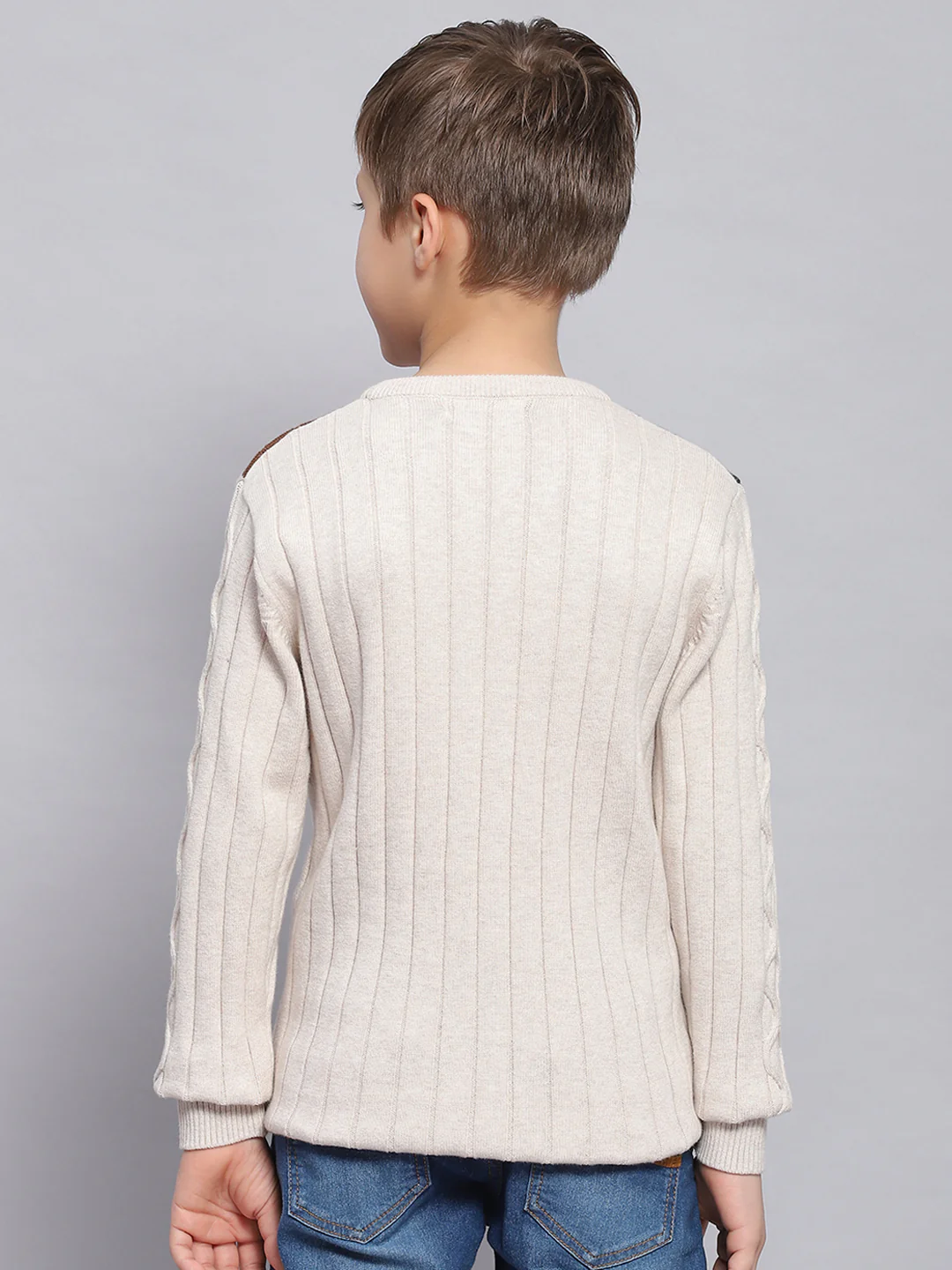 Boys Beige Self Design Round Neck Full Sleeve Sweater - Image 5