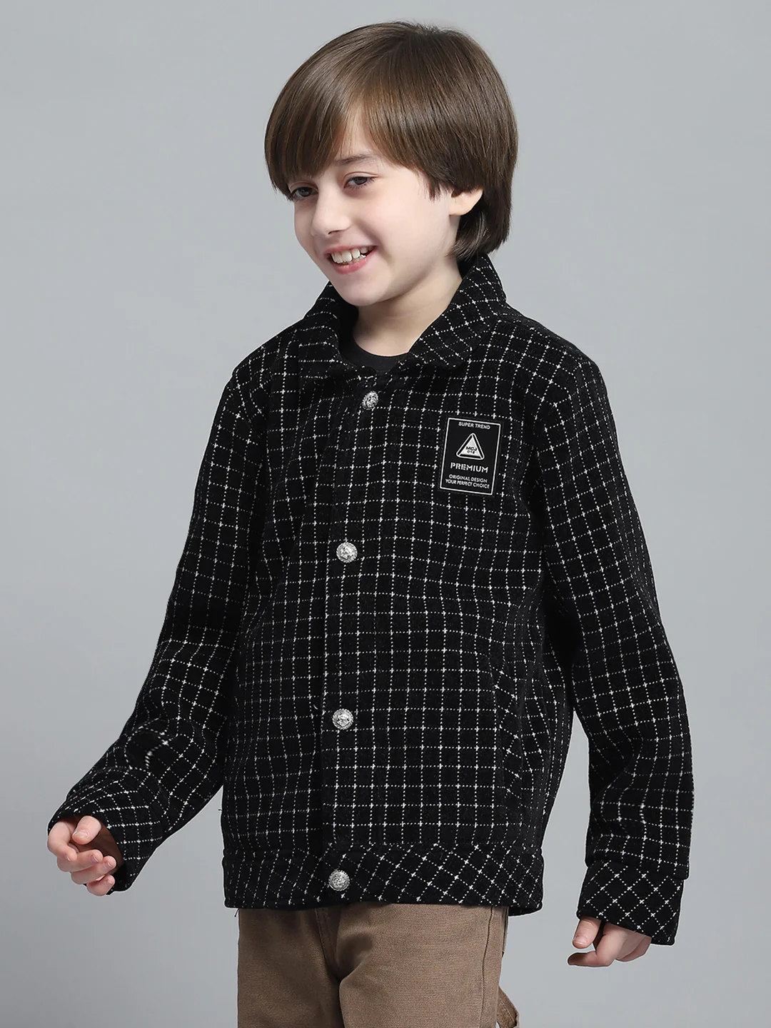 Boys Black Check Collar Full Sleeve Jacket - Image 3