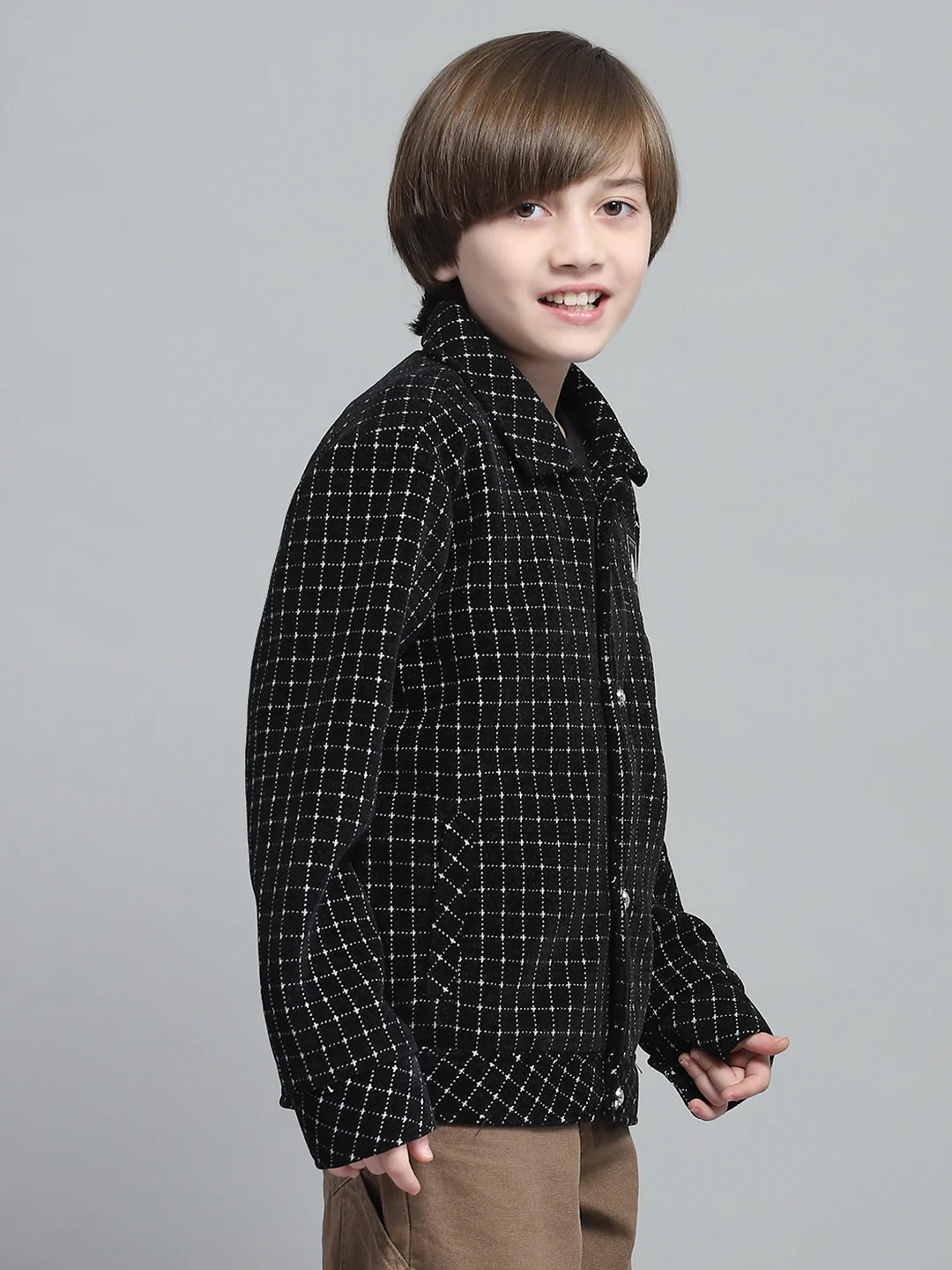 Boys Black Check Collar Full Sleeve Jacket - Image 4
