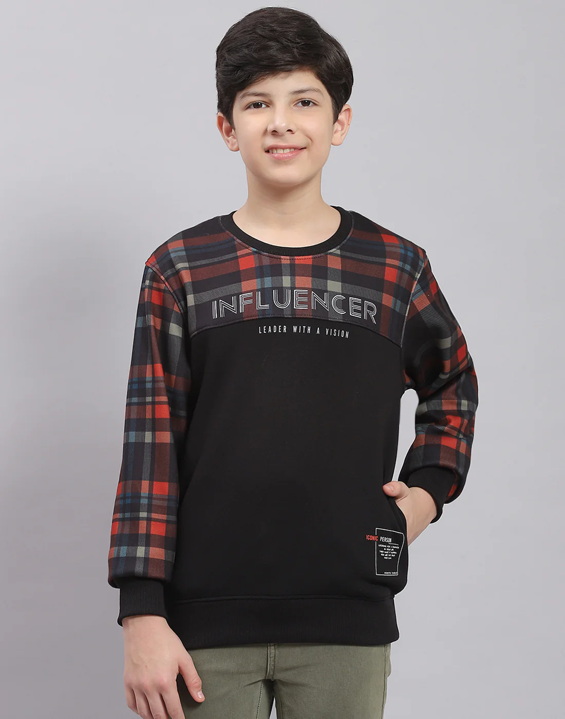 Boys Black Check Round Neck Full Sleeve Sweatshirt - Image 3