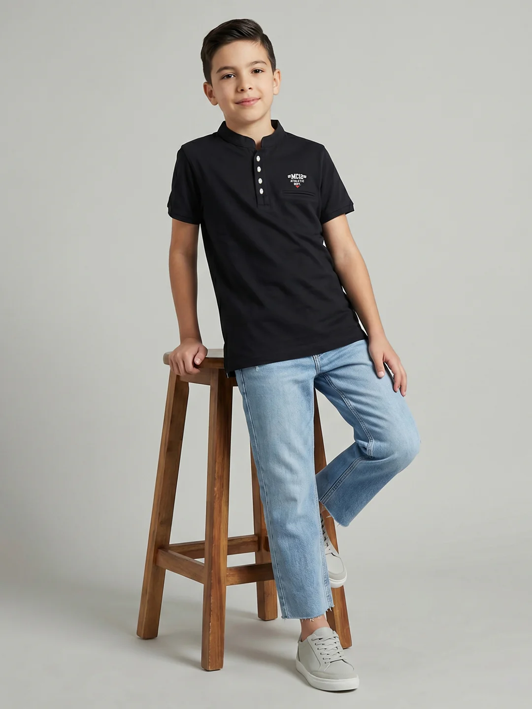 Boys Black Printed Band Collar Half Sleeve T-Shirt - Image 5