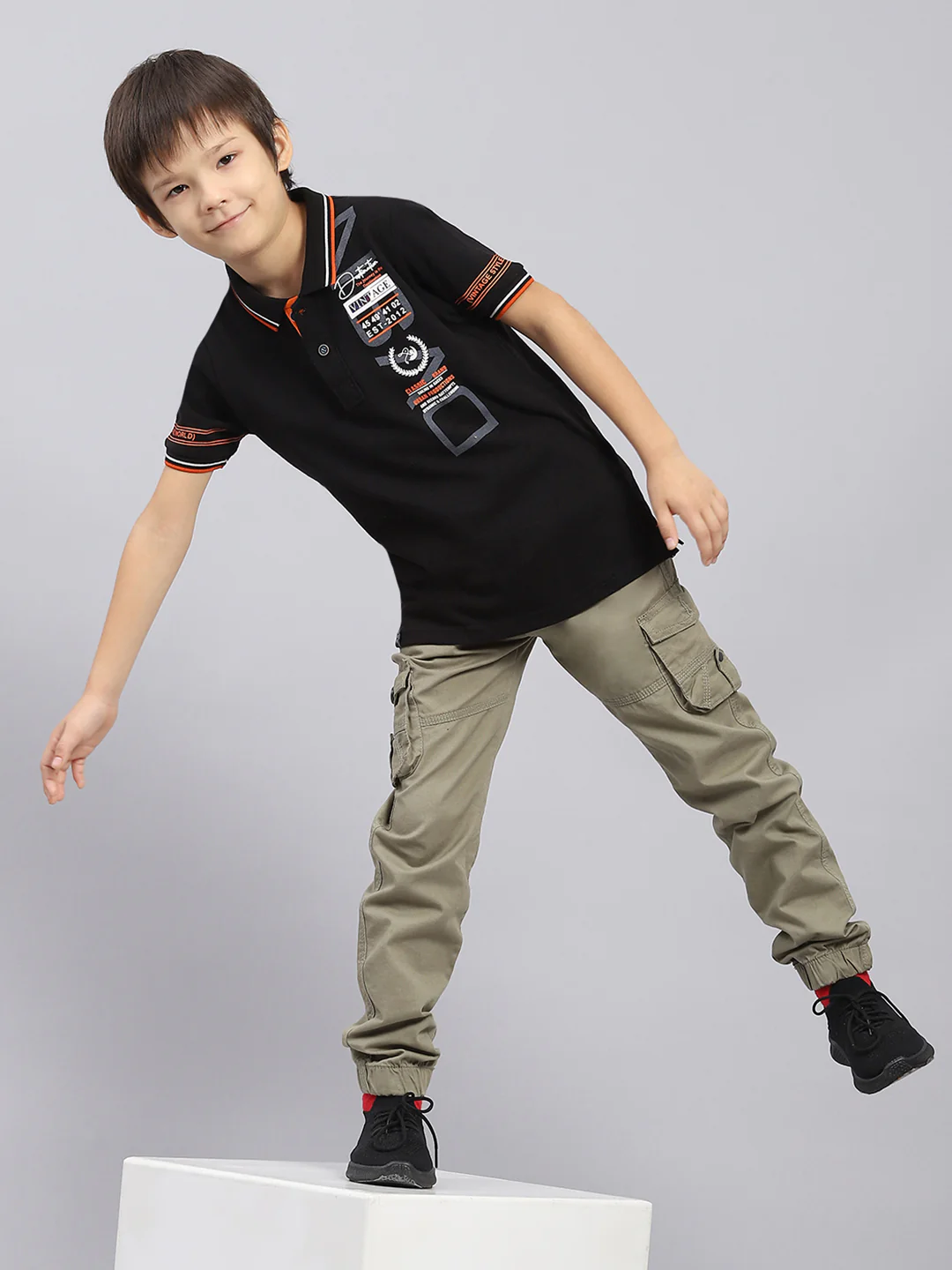 Boys Black Printed Collar Half Sleeve T-Shirt - Image 2