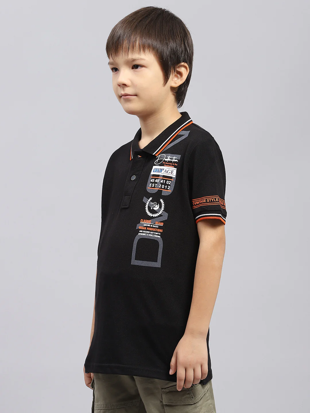Boys Black Printed Collar Half Sleeve T-Shirt - Image 3