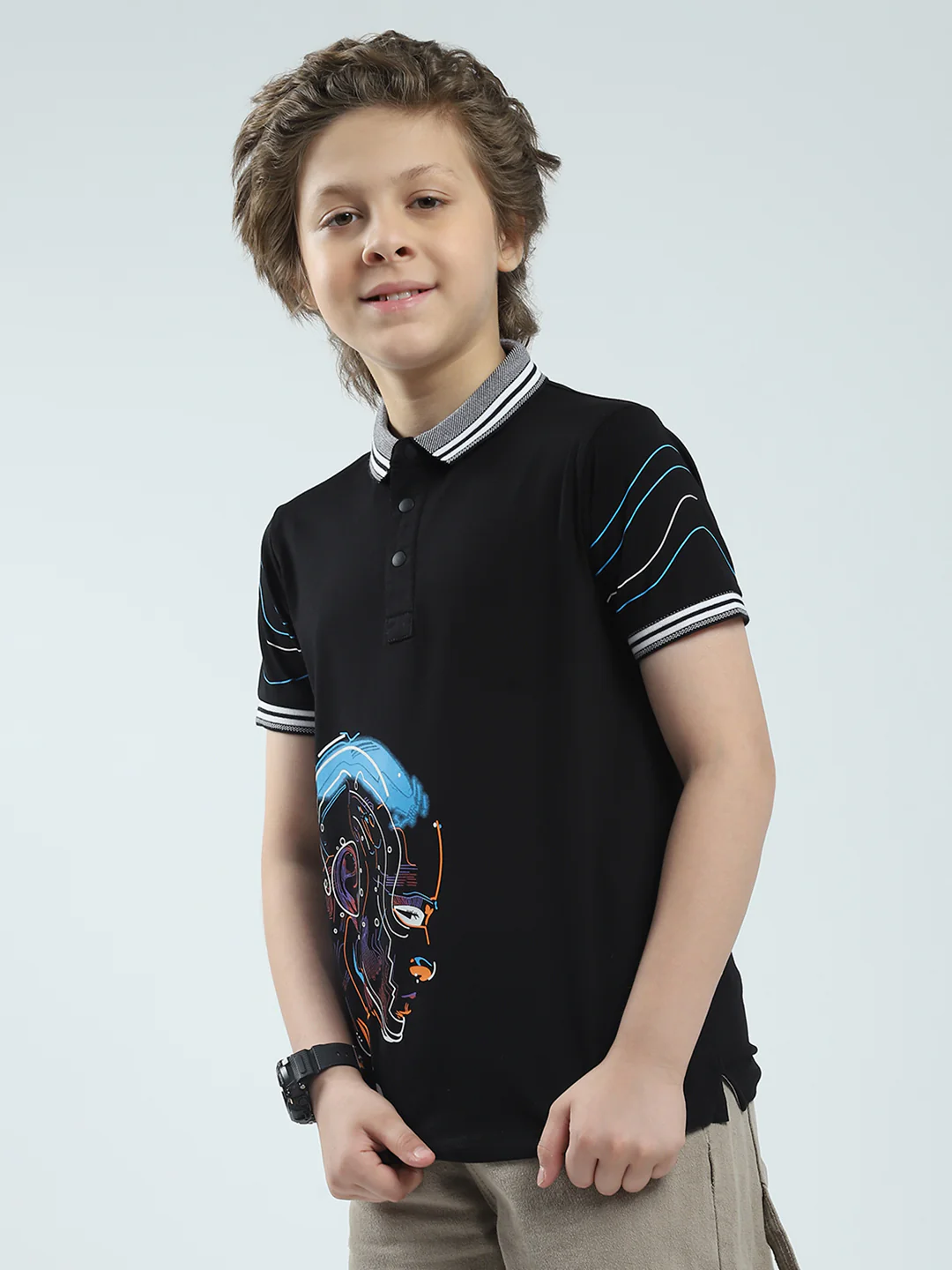 Boys Black Printed Collar Half Sleeve T-Shirt - Image 3