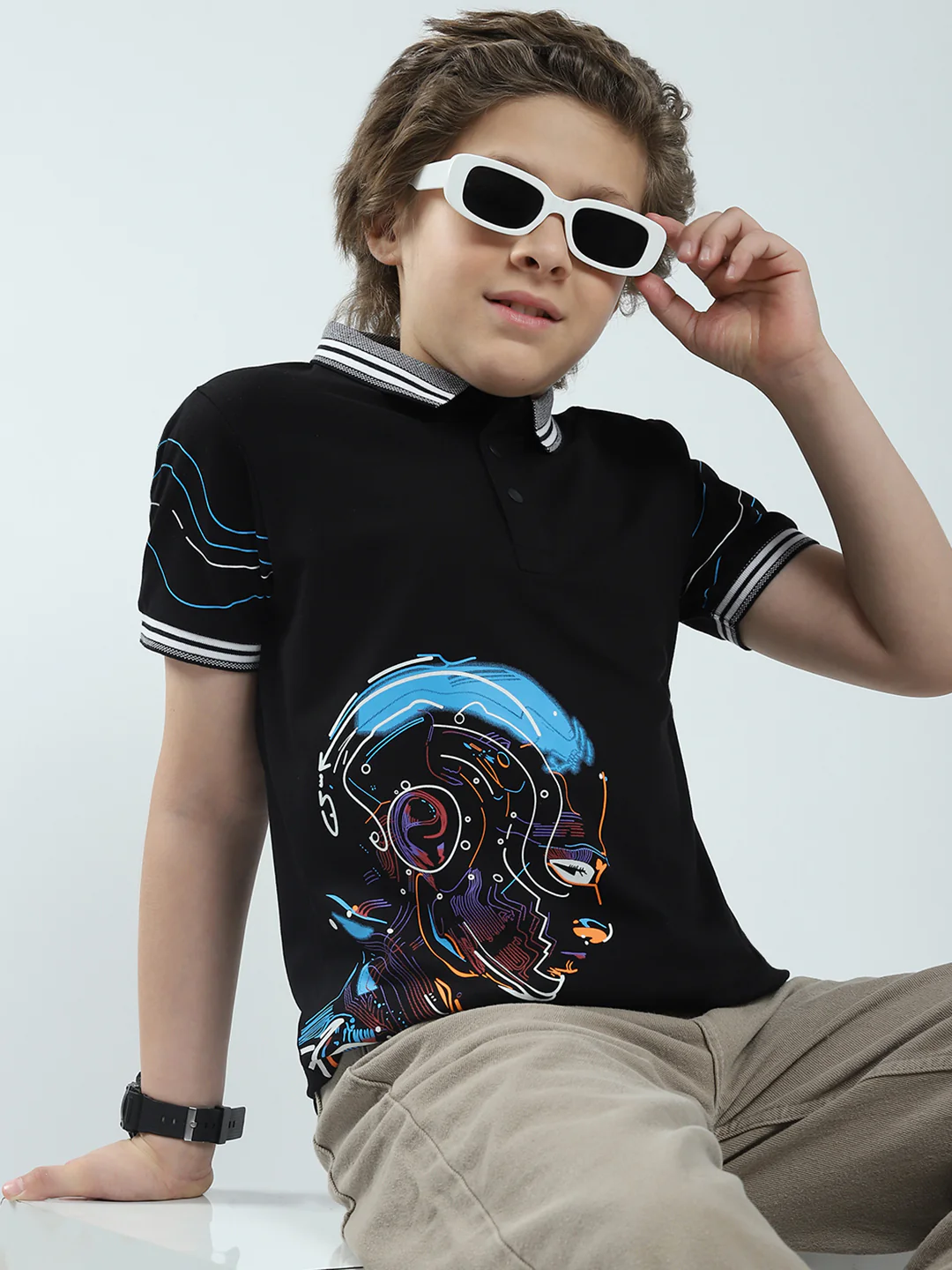 Boys Black Printed Collar Half Sleeve T-Shirt - Image 6