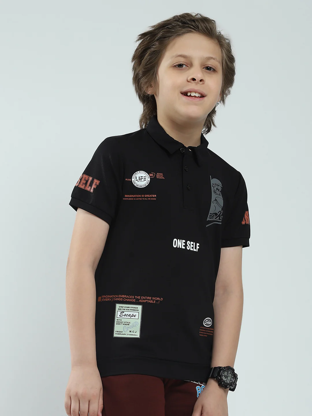 Boys Black Printed Collar Half Sleeve T-Shirt - Image 4