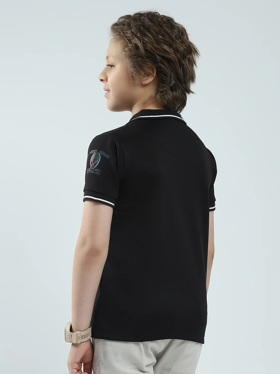 Boys Black Printed Collar Half Sleeve T-Shirt - Image 5