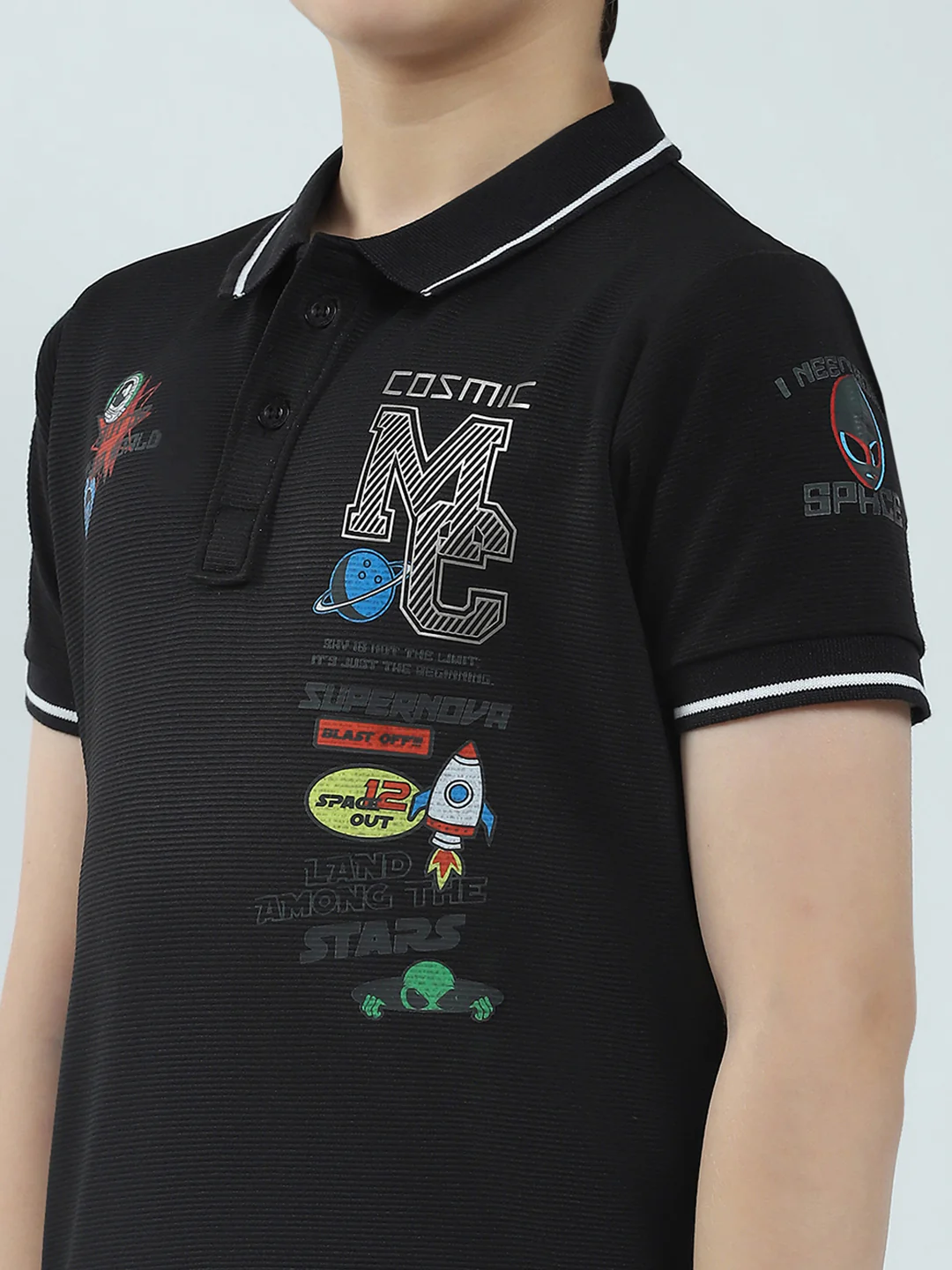 Boys Black Printed Collar Half Sleeve T-Shirt - Image 6