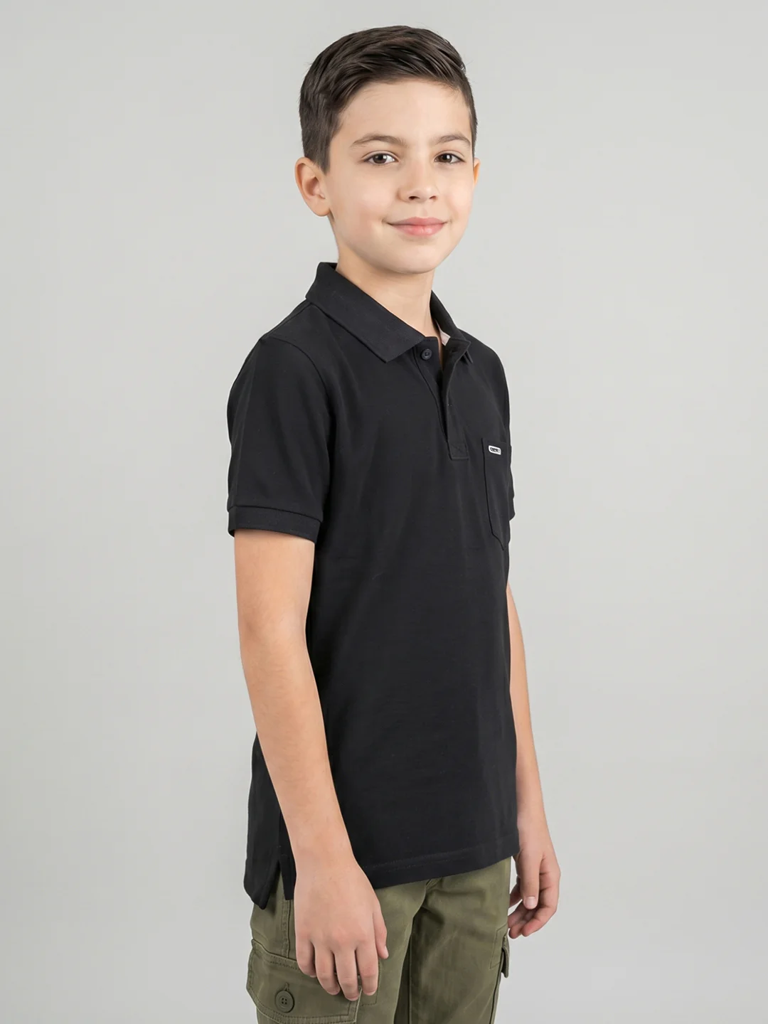 Boys Black Printed Collar Half Sleeve T-Shirt - Image 2