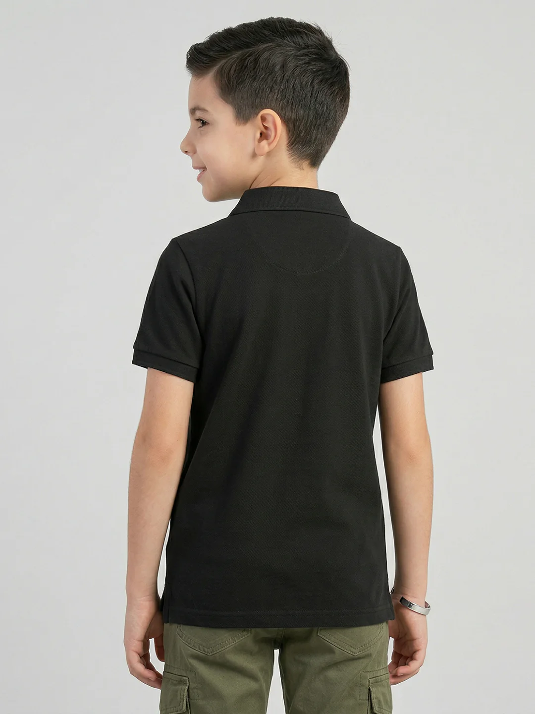 Boys Black Printed Collar Half Sleeve T-Shirt - Image 4