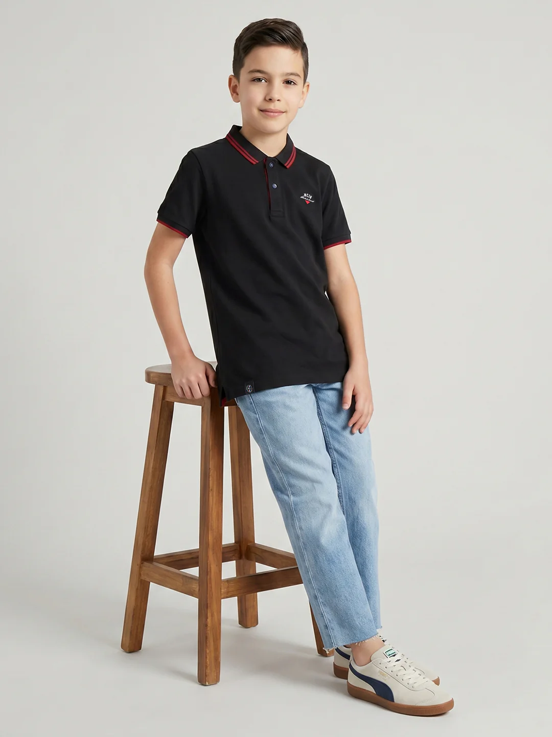 Boys Black Printed Collar Half Sleeve T-Shirt - Image 5