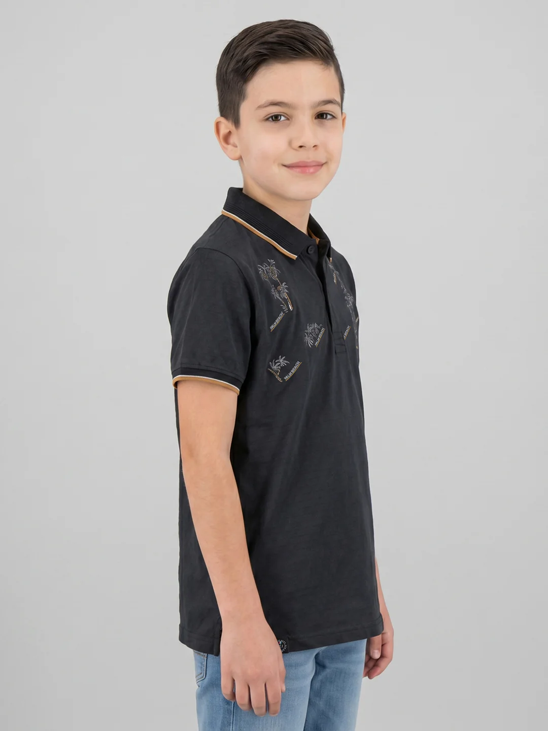 Boys Black Printed Collar Half Sleeve T-Shirt - Image 2
