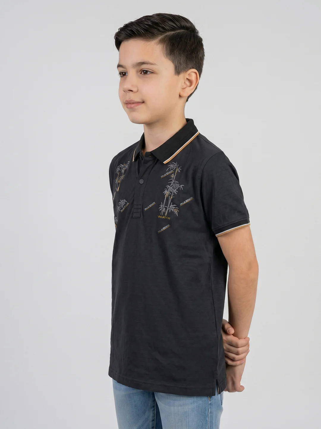Boys Black Printed Collar Half Sleeve T-Shirt - Image 3