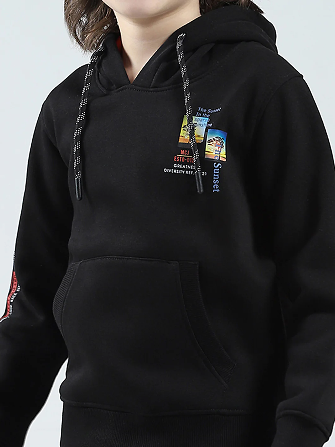 Boys Black Printed Hooded Full Sleeve Sweatshirt - Image 7