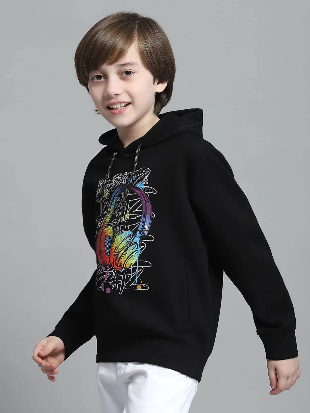Boys Black Printed Hooded Full Sleeve Sweatshirt - Image 3