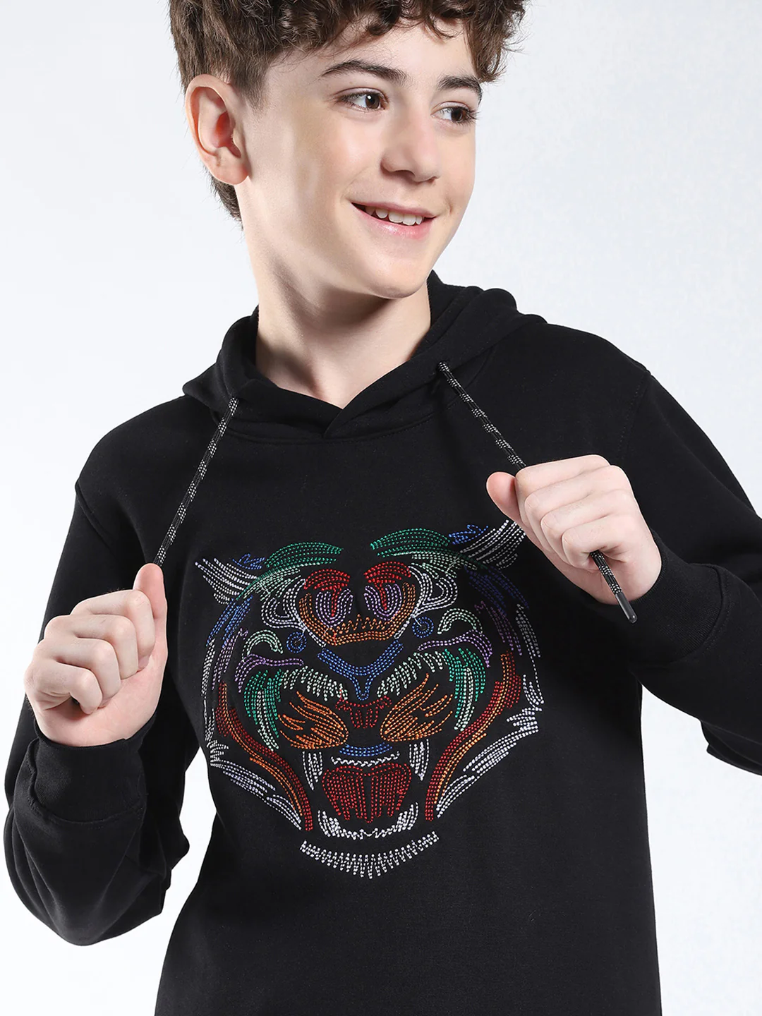 Boys Black Printed Hooded Full Sleeve Sweatshirt - Image 7