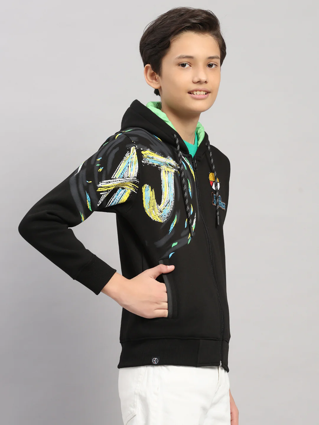 Boys Black Printed Hooded Full Sleeve Sweatshirt - Image 4