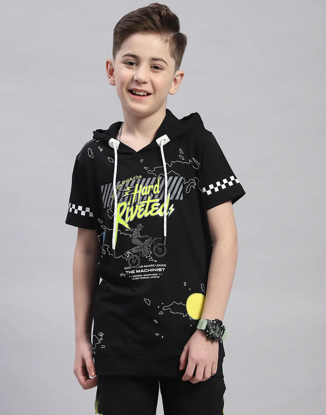 Boys Black Printed Hooded Half Sleeve T-Shirt - Image 2