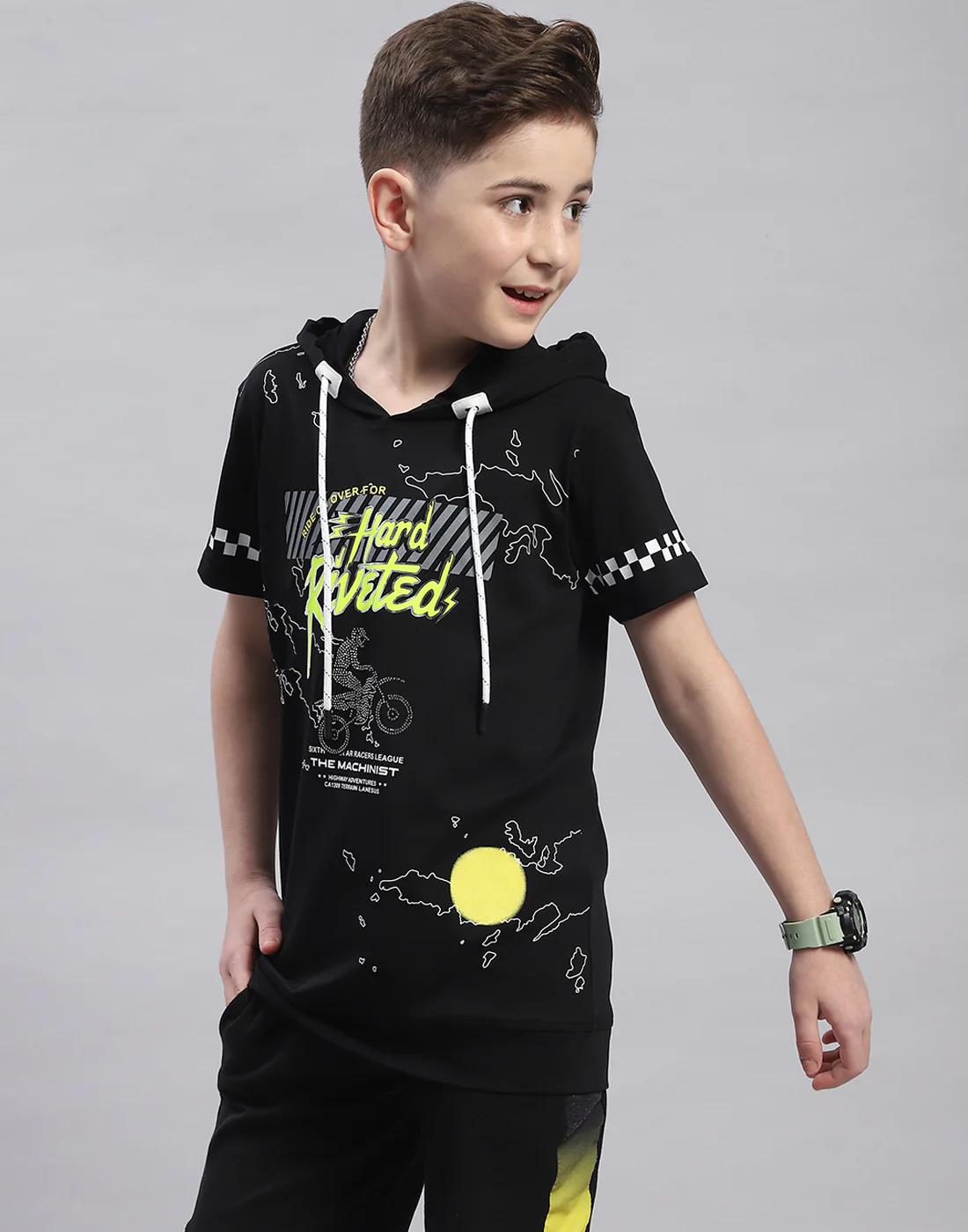 Boys Black Printed Hooded Half Sleeve T-Shirt - Image 3