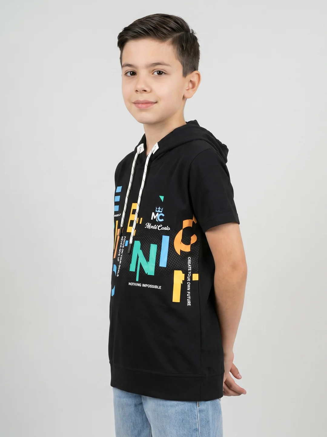 Boys Black Printed Hooded Half Sleeve T-Shirt - Image 3