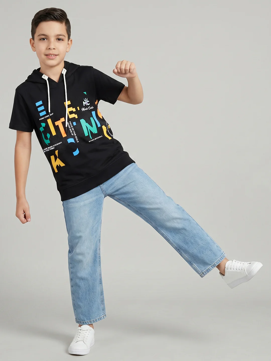 Boys Black Printed Hooded Half Sleeve T-Shirt - Image 5
