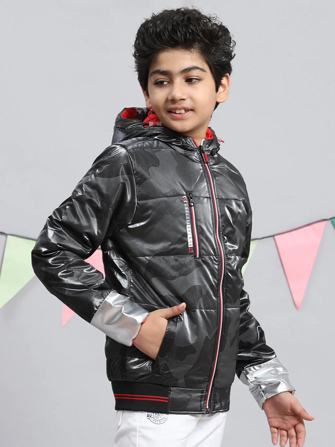 Boys Black Printed Jacket - Image 2