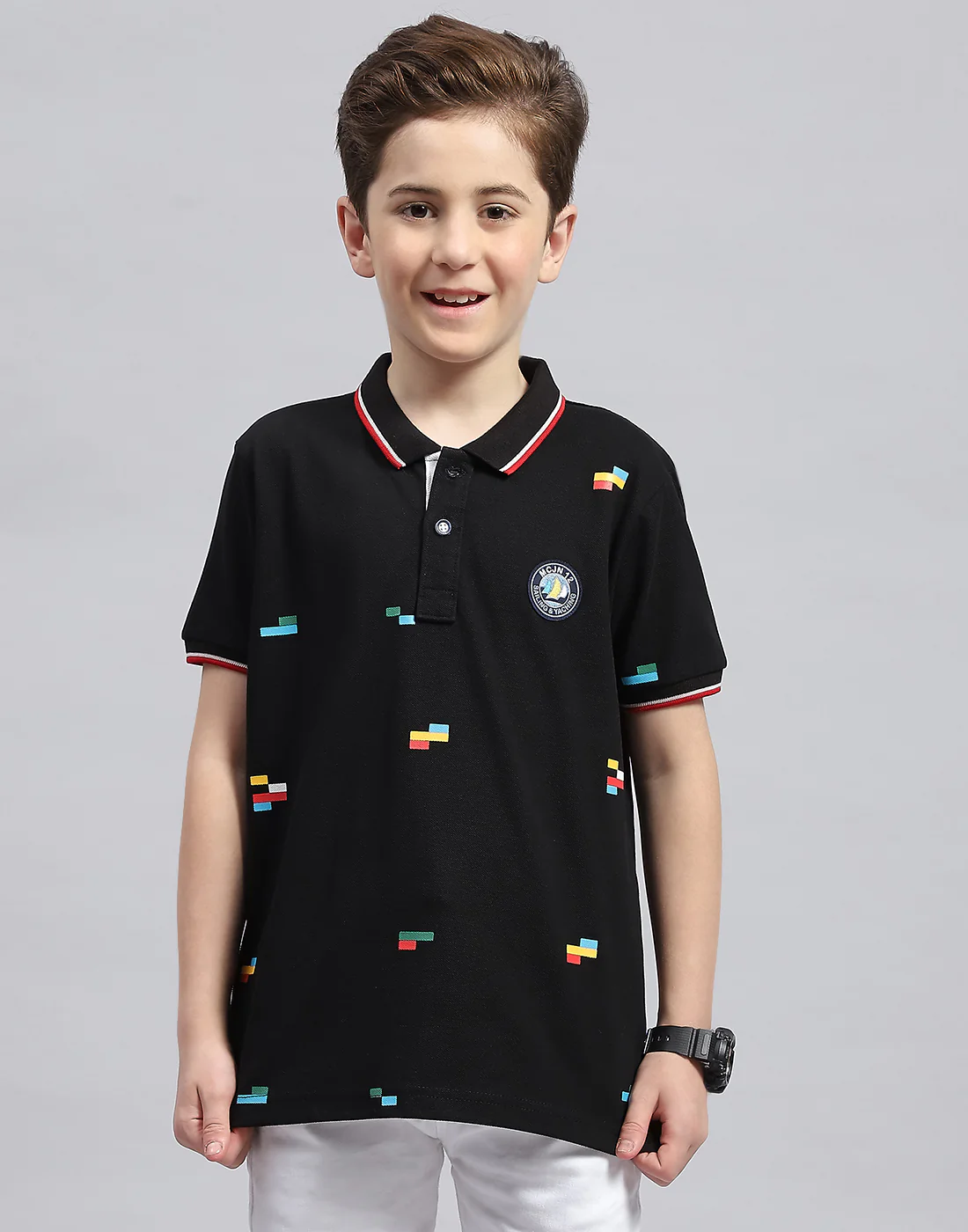 Boys Black Printed Polo Collar Half Sleeve T-Shirt - Image 2