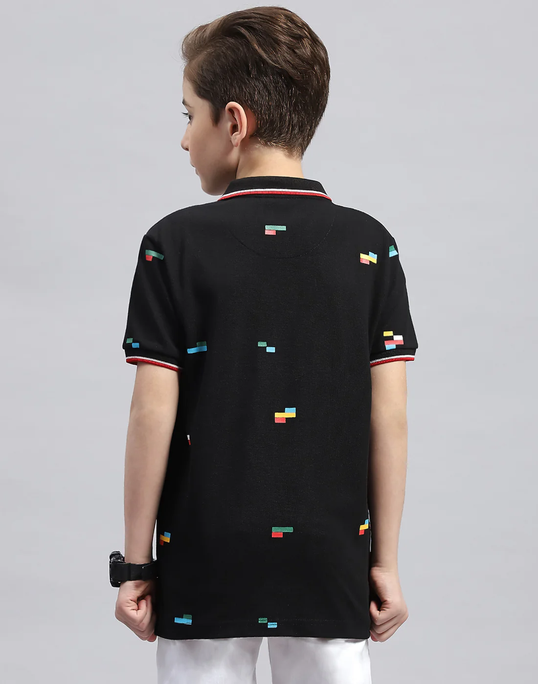 Boys Black Printed Polo Collar Half Sleeve T-Shirt - Image 5