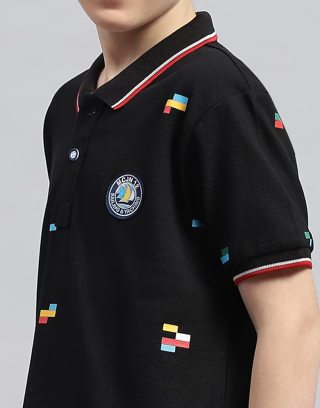 Boys Black Printed Polo Collar Half Sleeve T-Shirt - Image 6