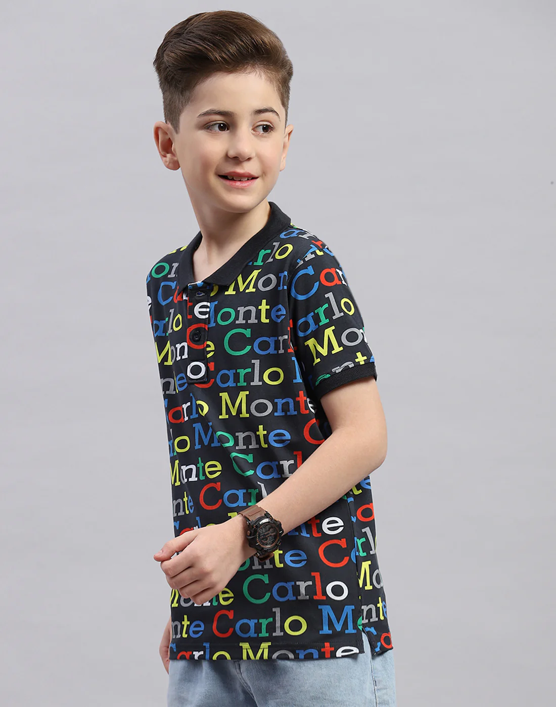 Boys Black Printed Polo Collar Half Sleeve T-Shirt - Image 3