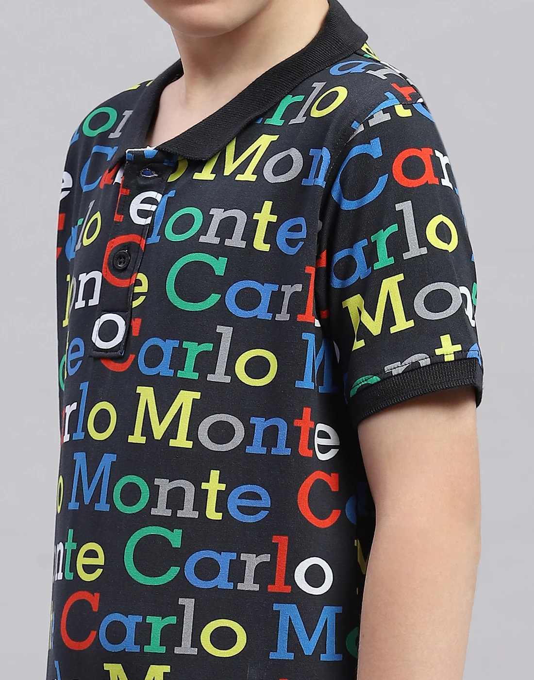 Boys Black Printed Polo Collar Half Sleeve T-Shirt - Image 6