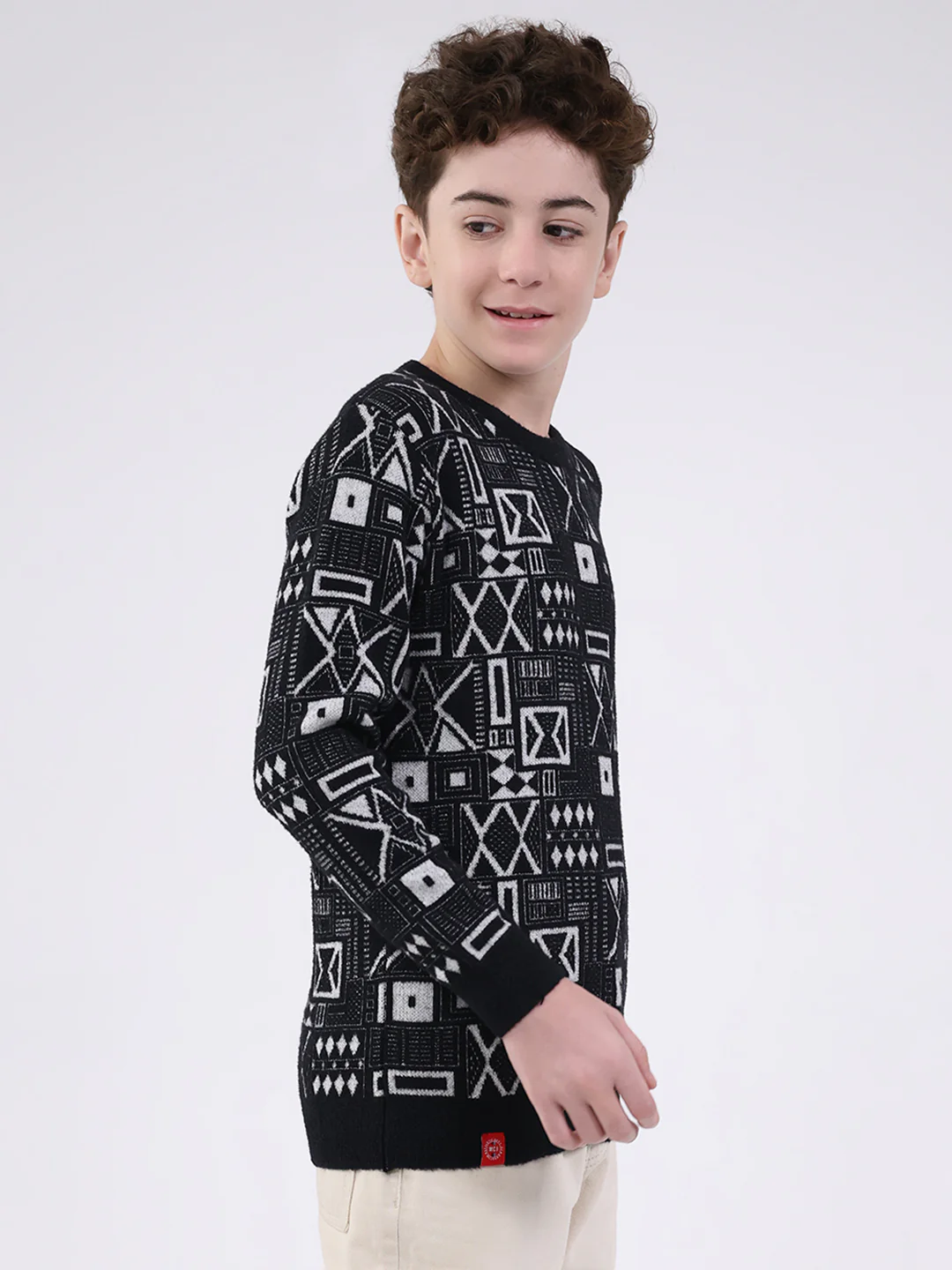 Boys Black Printed Round Neck Full Sleeve Pullover - Image 4