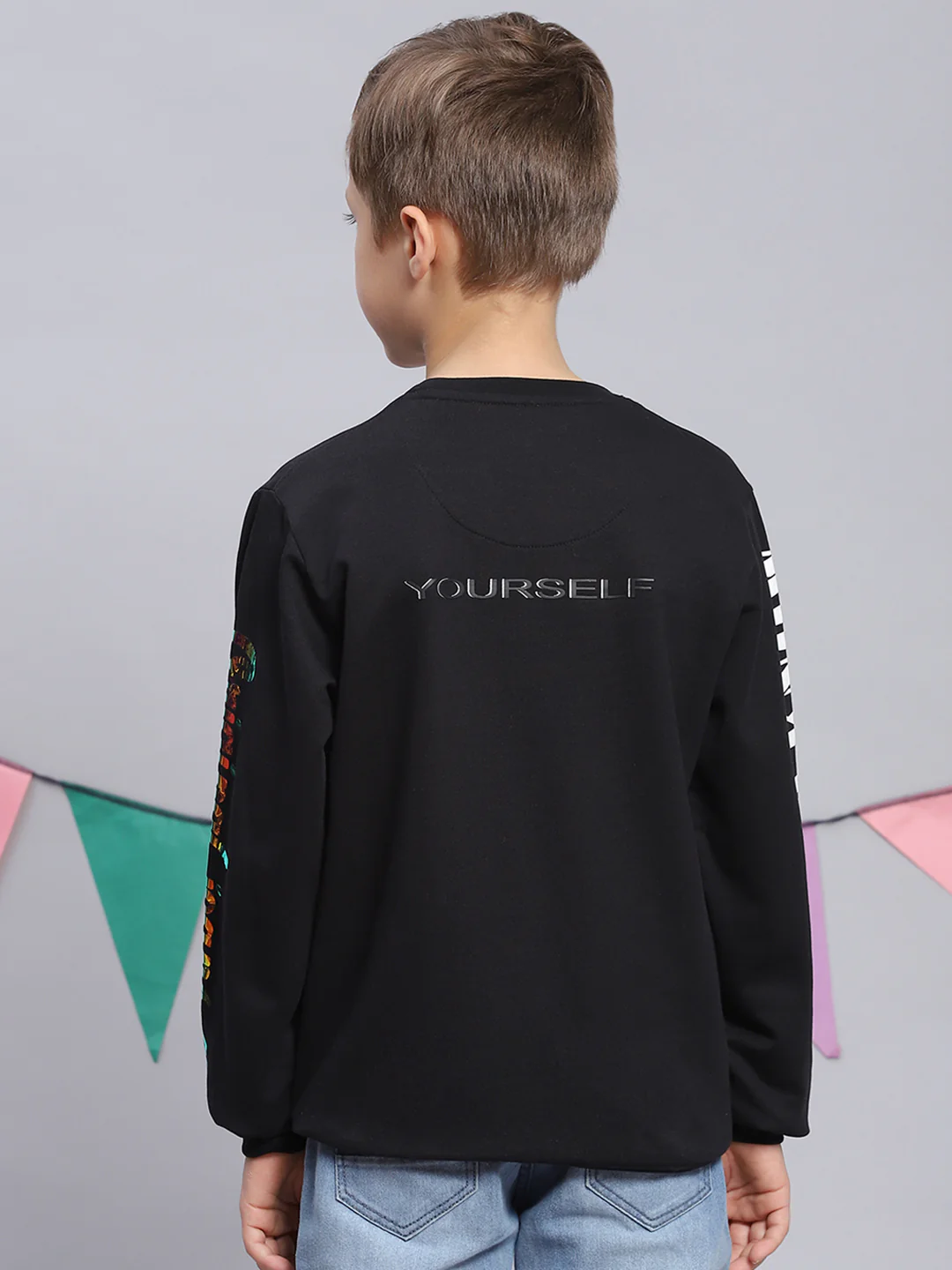 Boys Black Printed Round Neck Full Sleeve Sweatshirt - Image 5