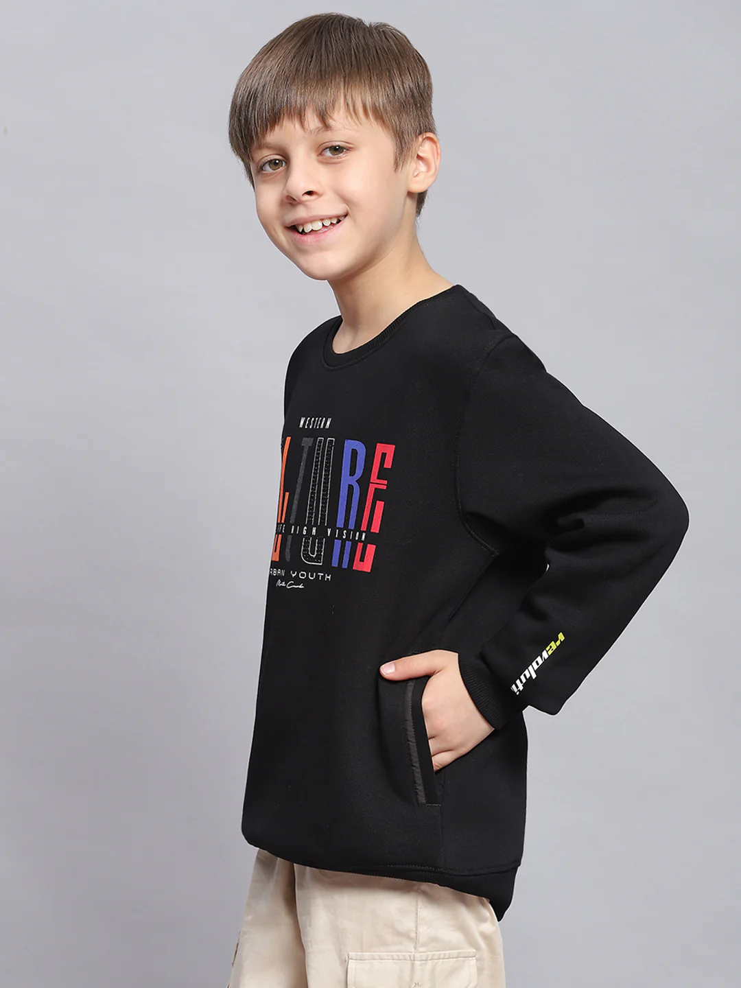 Boys Black Printed Round Neck Full Sleeve Sweatshirt - Image 3