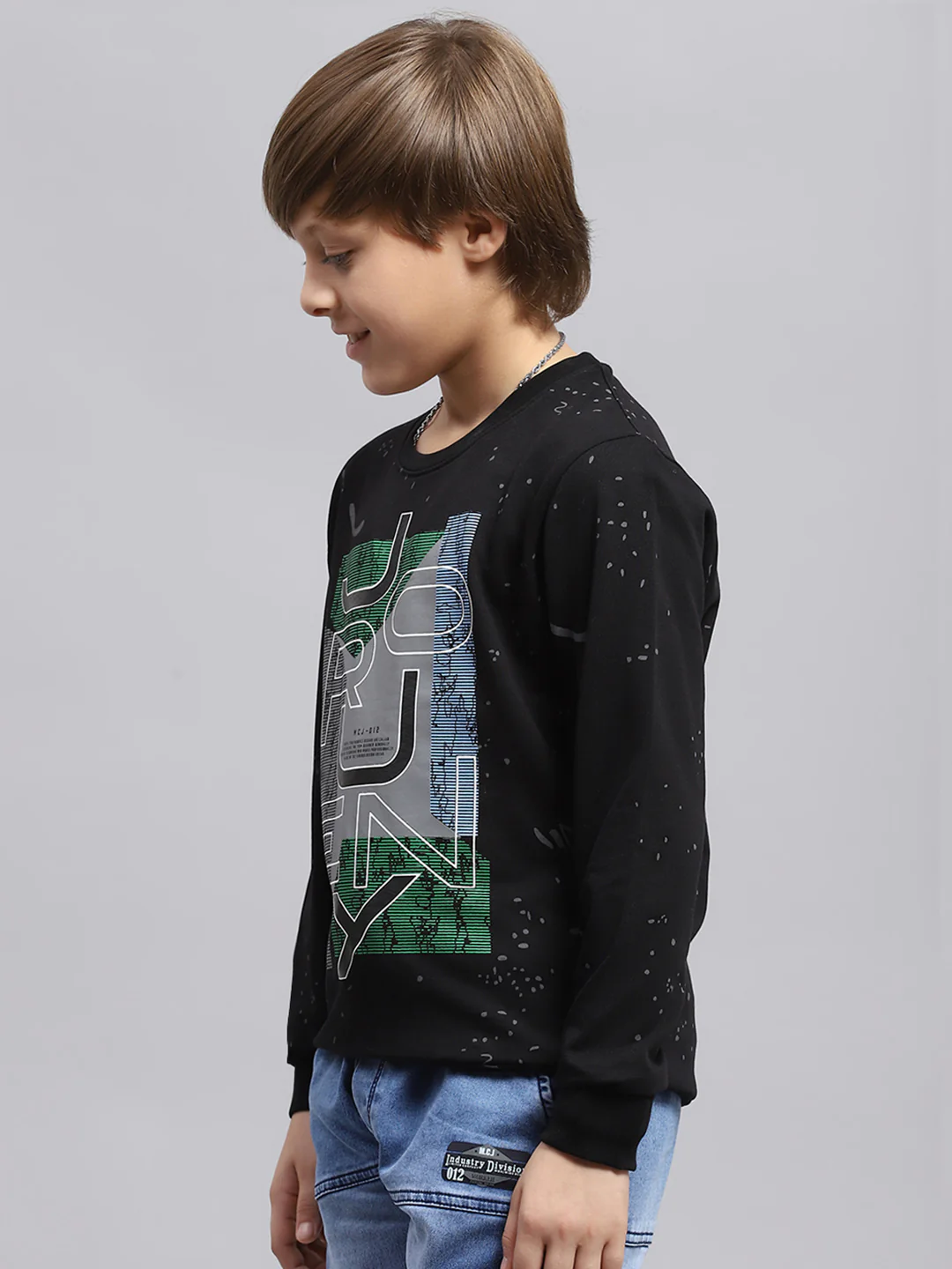 Boys Black Printed Round Neck Full Sleeve Sweatshirt - Image 3