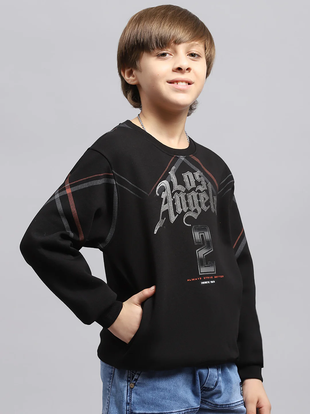 Boys Black Printed Round Neck Full Sleeve Sweatshirt - Image 4