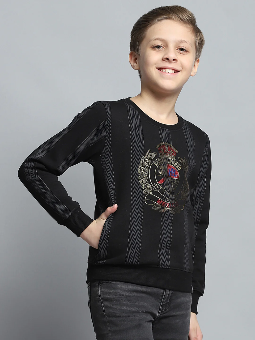 Boys Black Printed Round Neck Full Sleeve Sweatshirt - Image 4