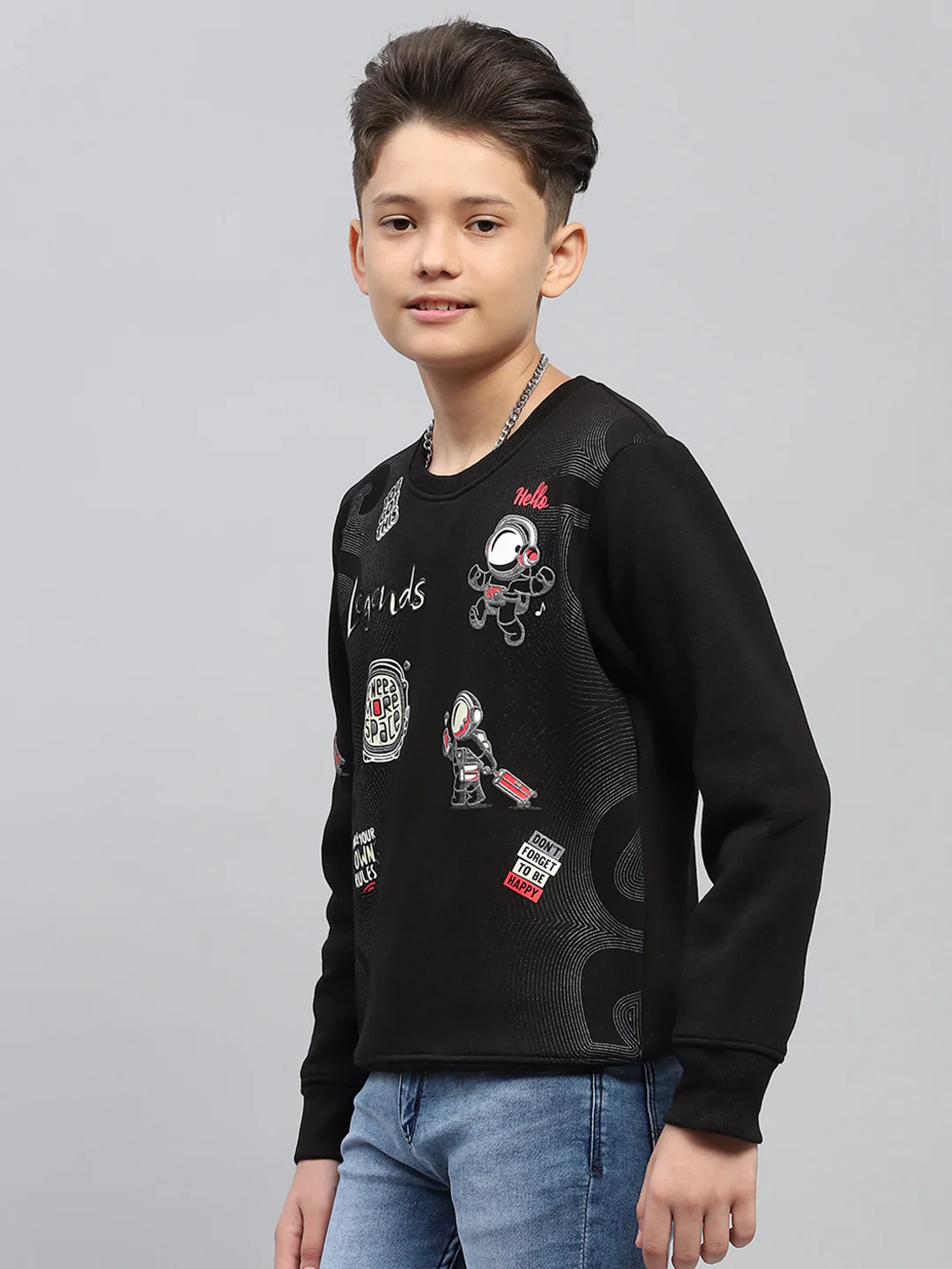 Boys Black Printed Round Neck Full Sleeve Sweatshirt - Image 3