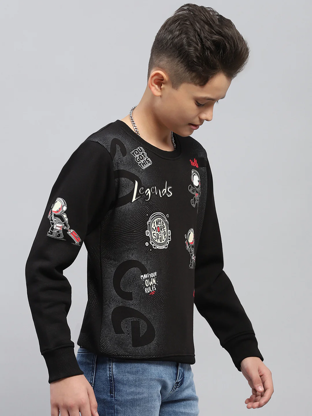 Boys Black Printed Round Neck Full Sleeve Sweatshirt - Image 4