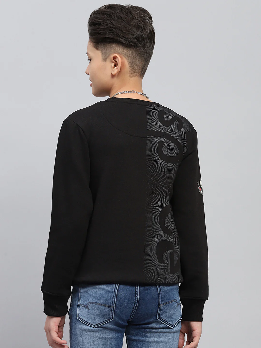 Boys Black Printed Round Neck Full Sleeve Sweatshirt - Image 5