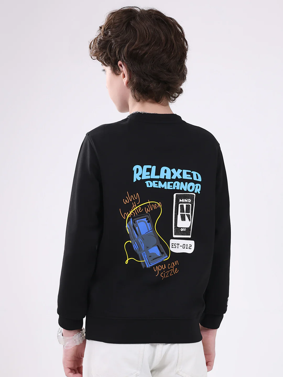 Boys Black Printed Round Neck Full Sleeve Sweatshirt - Image 5