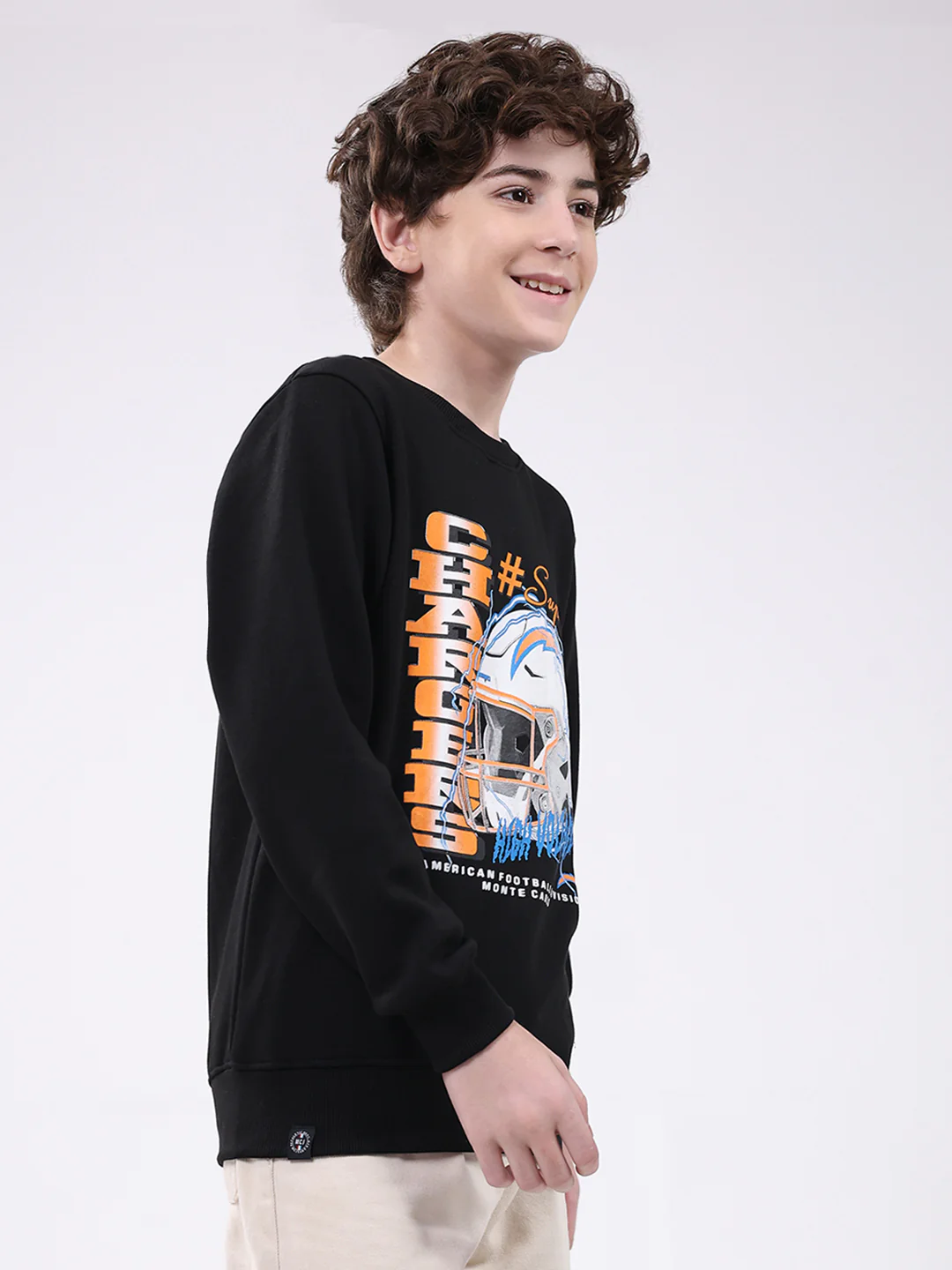 Boys Black Printed Round Neck Full Sleeve Sweatshirt - Image 4