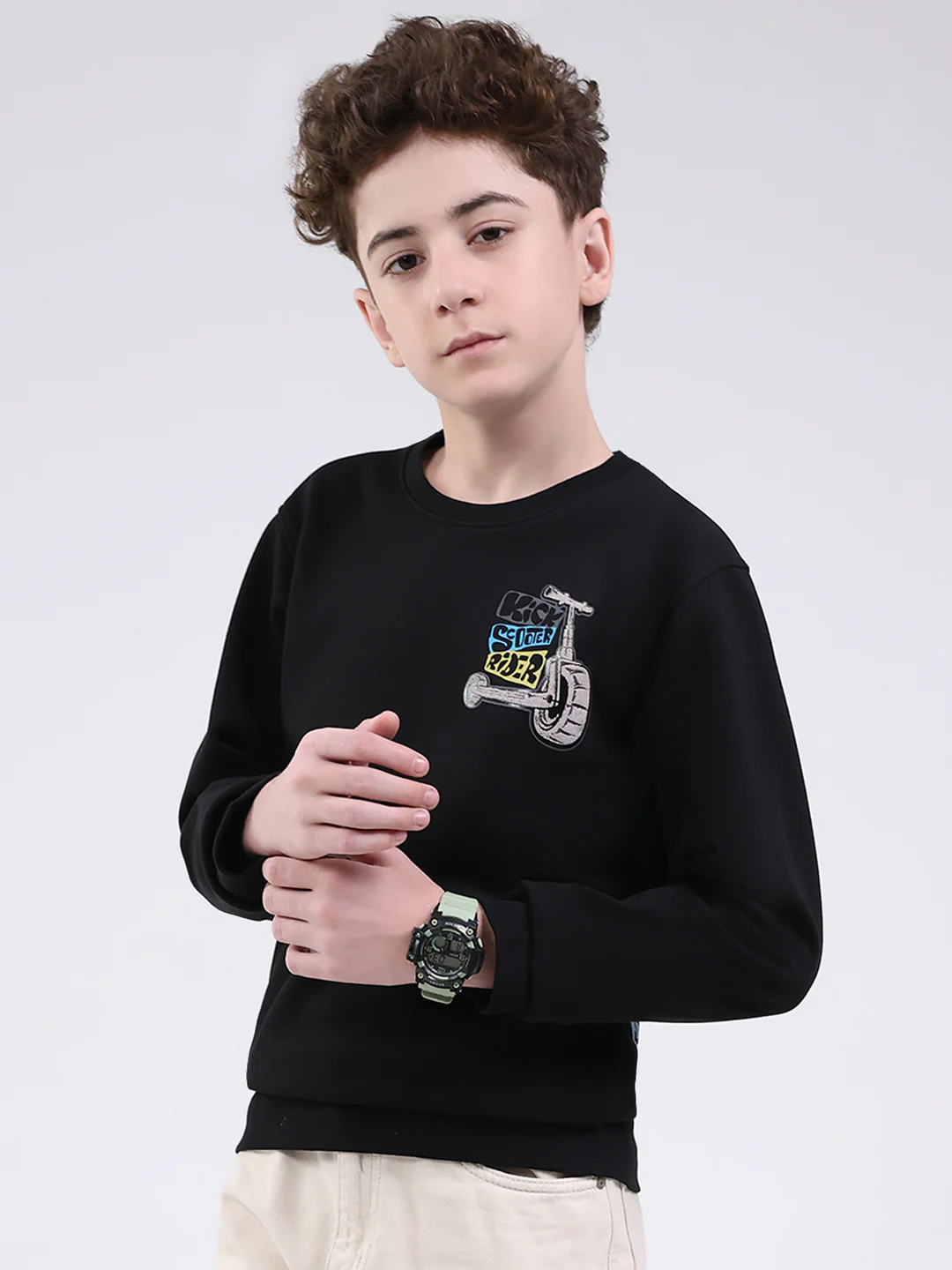 Boys Black Printed Round Neck Full Sleeve Sweatshirt - Image 3