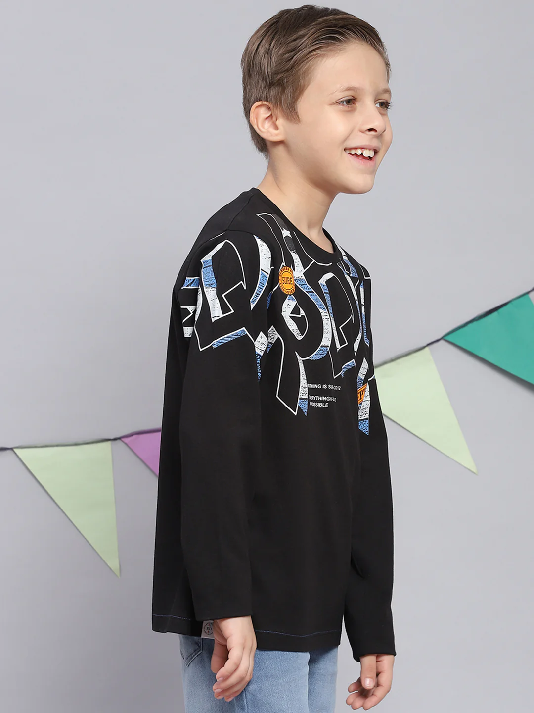 Boys Black Printed Round Neck Full Sleeve T-Shirts - Image 4