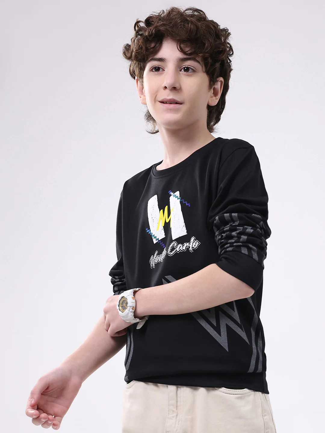 Boys Black Printed Round Neck Full Sleeve Winter T-Shirt - Image 3