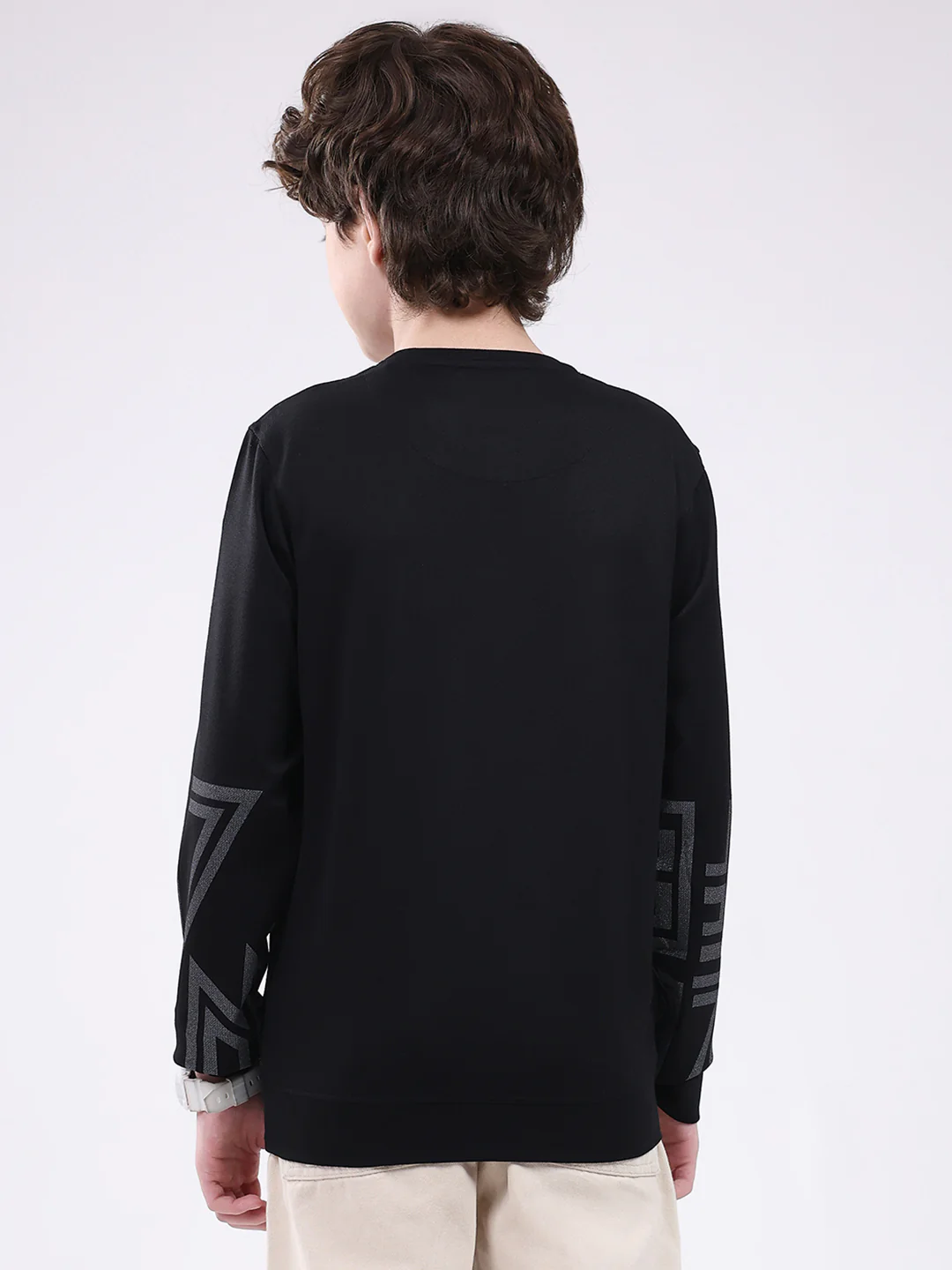 Boys Black Printed Round Neck Full Sleeve Winter T-Shirt - Image 5