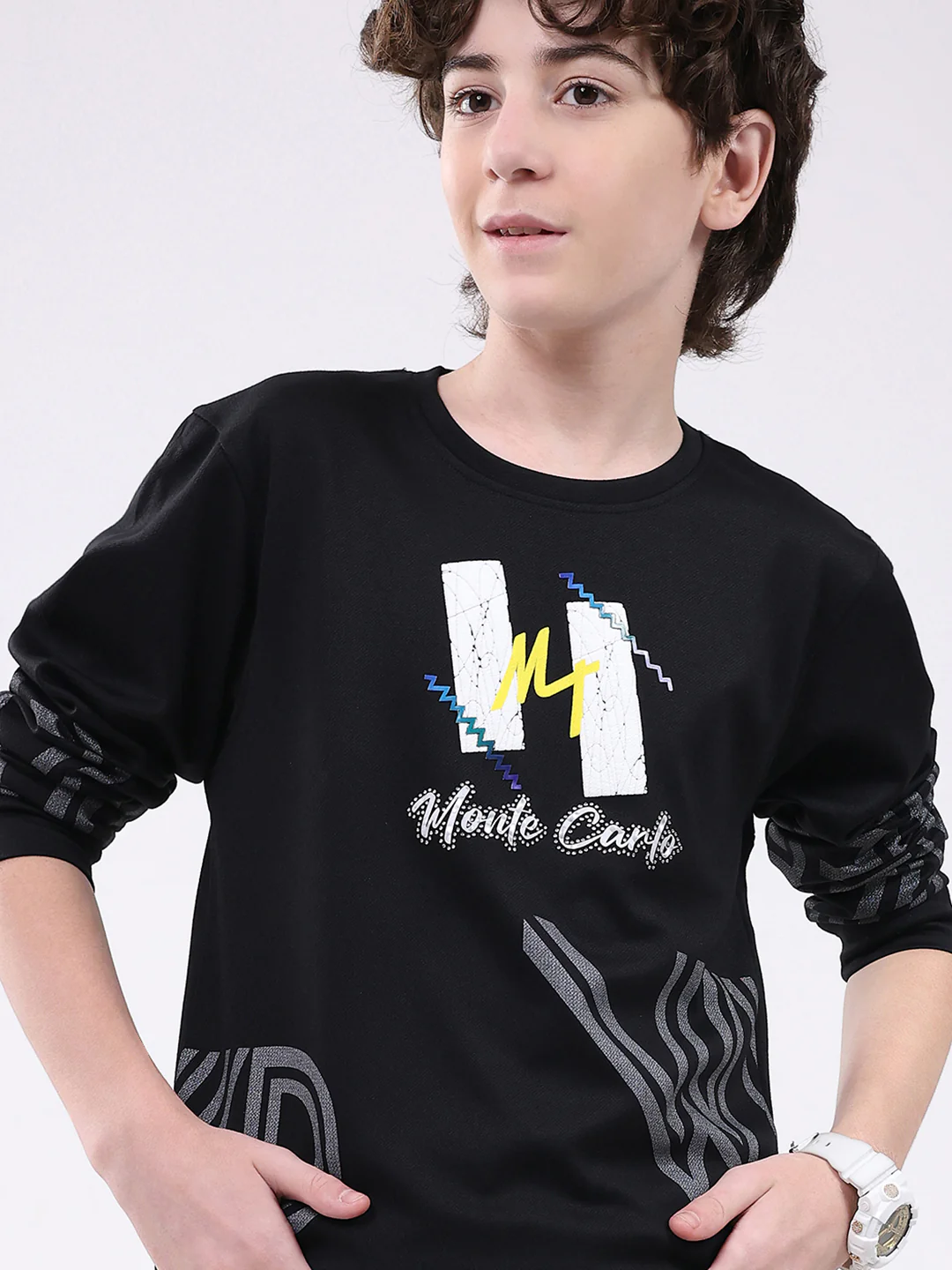 Boys Black Printed Round Neck Full Sleeve Winter T-Shirt - Image 6