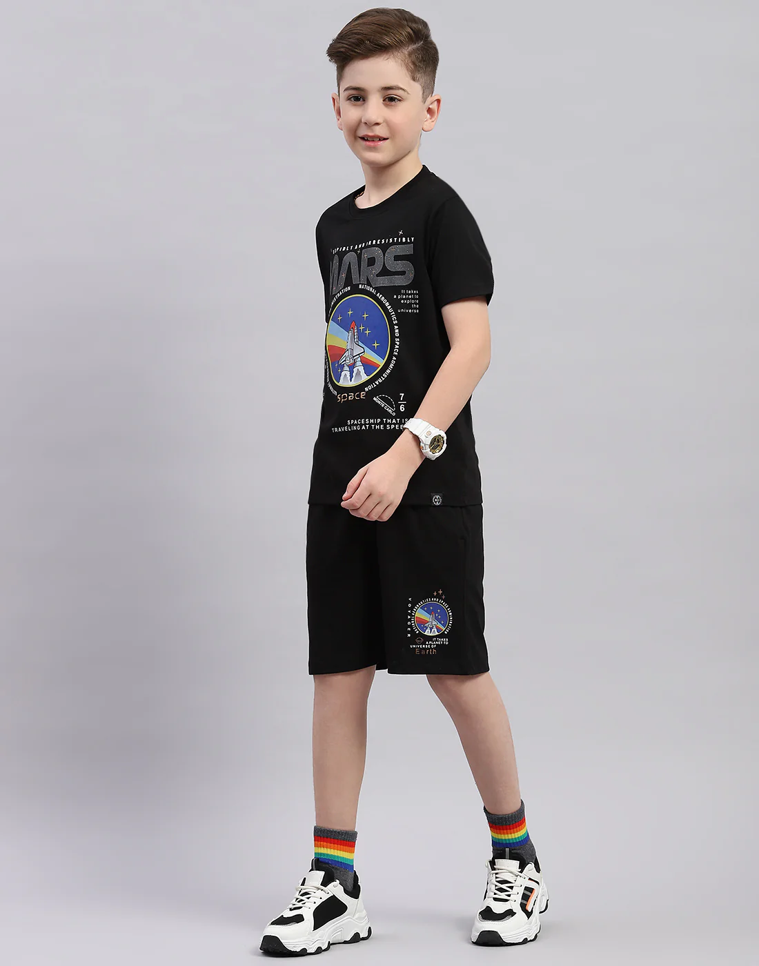 Boys Black Printed Round Neck Half Sleeve Bermuda Set - Image 3