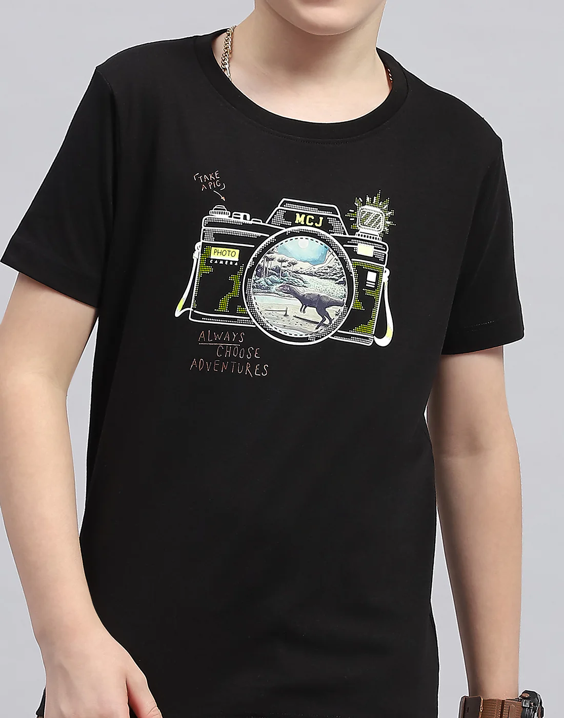 Boys Black Printed Round Neck Half Sleeve T-Shirt - Image 6