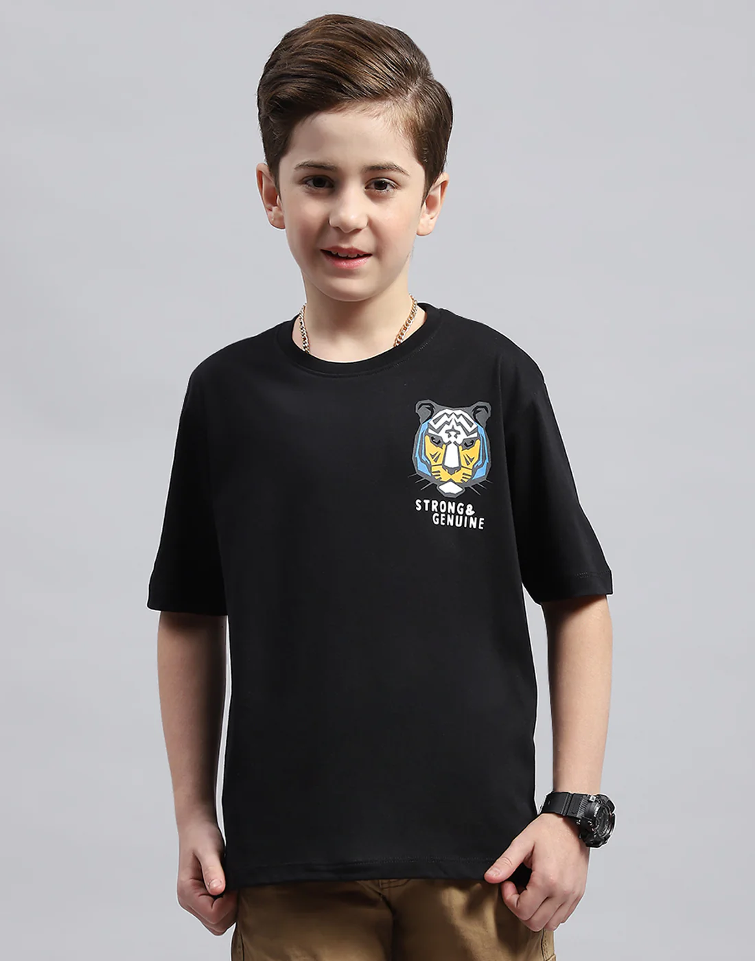 Boys Black Printed Round Neck Half Sleeve T-Shirt - Image 2